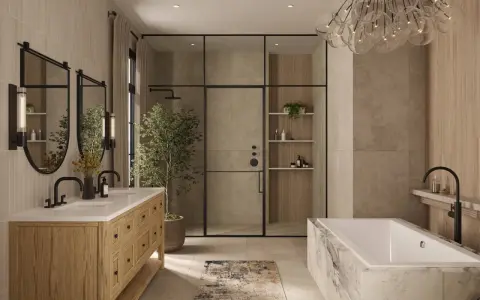 A modern bathroom remodel featuring a wooden vanity, glass shower, and marble bathtub.