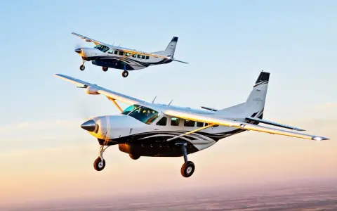 Zwei Cessna Grand Caravan Flugzeuge fliegen im Sonnenuntergang.