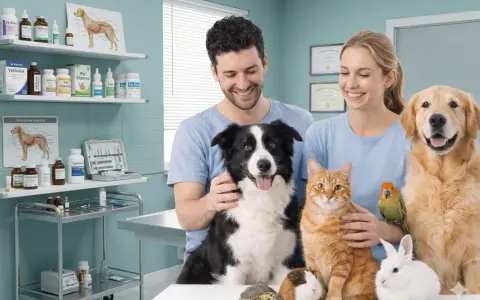 Coppia felice con animali domestici, ideale per corsi di animal care. Un cane, un gatto, un coniglio, un porcellino d'India, una tartaruga, un pappagallo e un cane più grande.