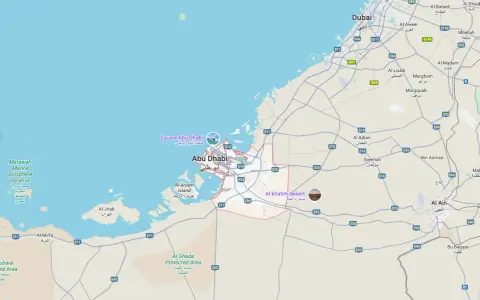 Mapa pokazuje, gdzie jest Abu Dhabi, z zaznaczonymi Luwrem Abu Dhabi i pustynią Al Khatim.