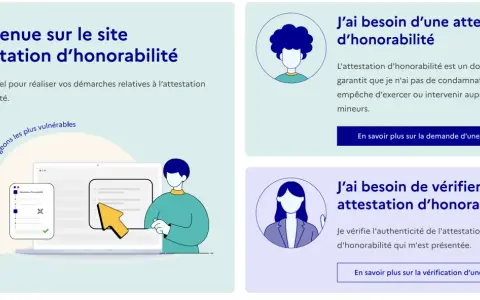 Illustration d'un site web présentant des informations sur l'attestation d'honorabilité, avec des icônes et des textes explicatifs.