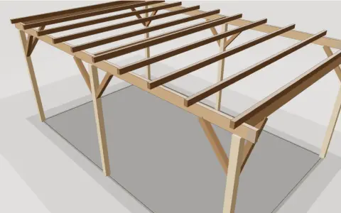 Structure d'une pergola bois fait maison, en cours de construction, avec poteaux et poutres apparents.