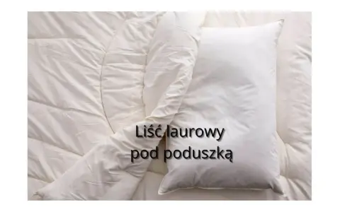 Biała pościel z poduszką. Tekst na poduszce: liść laurowy pod poduszką.