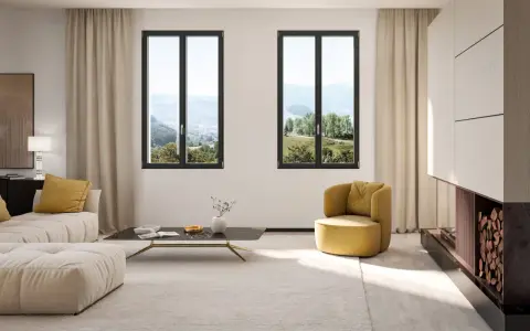 Soggiorno moderno con divano chiaro, poltrona gialla e camino. Due grandi finestre offrono una vista panoramica su un paesaggio verdeggiante, in perfetto **stile minimal**.