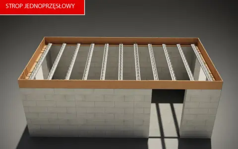 Model stropu jednoprzęsłowego z belkami i szalunkiem.