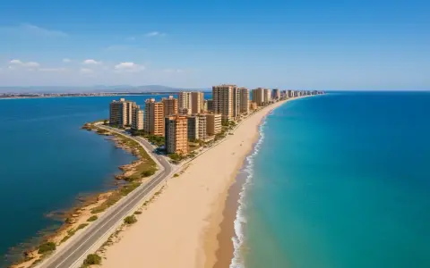 Hohe Gebäude säumen eine lange Sandbucht mit türkisfarbenem Meer und blauer Lagune.