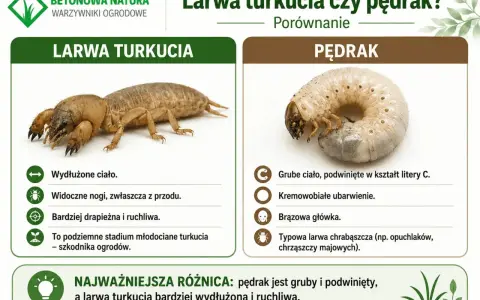 Porównanie larwy turkucia i pędraka. Larwa turkucia jest wydłużona i ruchliwa, pędrak gruby, zwinięty w C.