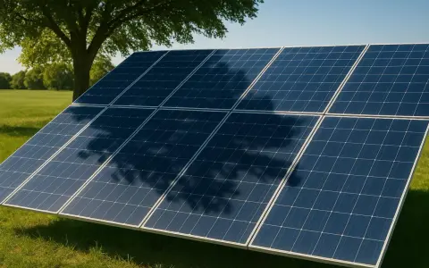 Solceller på en grön äng, med en stor trädskugga som faller över panelerna.