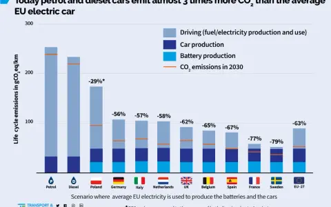CO2 pro kWh Strom in Europa: Elektroautos sind deutlich umweltfreundlicher. Diagramm zeigt CO2-Emissionen von Benzin-, Diesel- und Elektroautos.