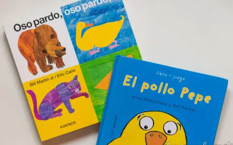 Los mejores libros para bebé de 1 año: "Oso pardo, oso pardo" con un oso y un gato morado, y "El pollo Pepe" con un pollito amarillo.