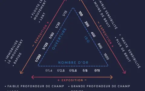 Le triangle d'exposition montre les relations entre l'ouverture, la vitesse d'obturation et l'ISO pour maîtriser l'exposition et la profondeur de champ.