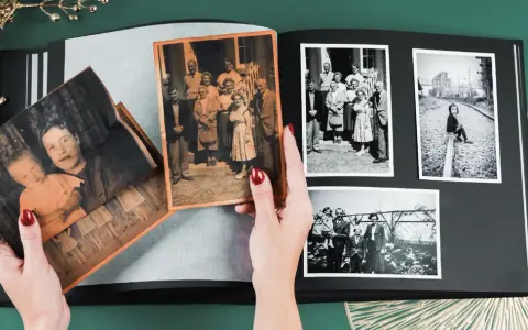 Ręce układają stare fotografie w albumie, pokazując, jak skanować zdjęcia i zachować wspomnienia.