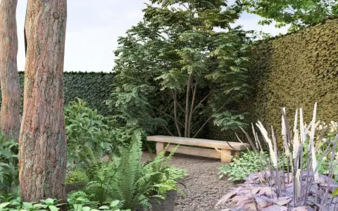 En lugn plats i trädgården med en träbänk, frodig grönska och en mur av murgröna. Perfekt skogstomt inspiration för avkoppling.