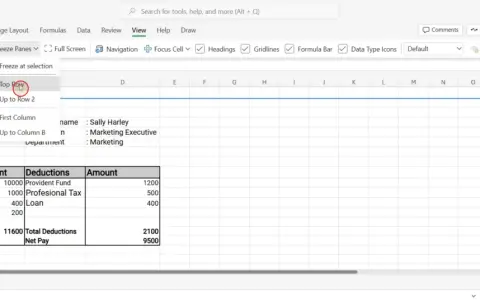 Excel: oberste Zeile fixieren. Im Menü "Ansicht" wird "Fenster einfrieren" ausgewählt, um die oberste Zeile der Tabelle festzuhalten.
