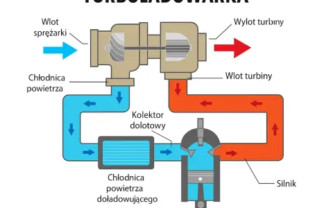 Schemat pokazuje, jak działa turbosprężarka: spaliny napędzają turbinę, która spręża powietrze do silnika.