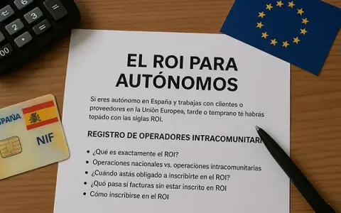 Documento sobre el ROI para autónomos, con un NIF español y la bandera de la UE. Explica el registro de operadores intracomunitarios.