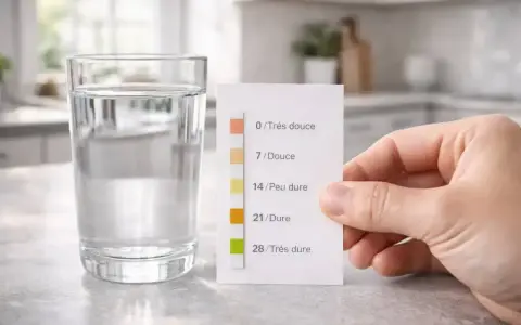 Un verre d'eau potable à côté d'une bandelette test de dureté de l'eau. La bandelette indique une eau douce.