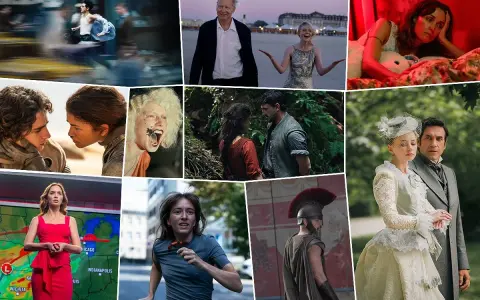 Kolaż scen z filmów, w tym z "mit o powstaniu świata film". Widzimy pary, samotne postacie i sceny akcji.