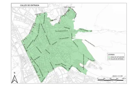 Mapa de Granada que muestra las calles de entrada y la zona de actuación. Se puede entrar al centro de Granada en coche por varias vías principales.