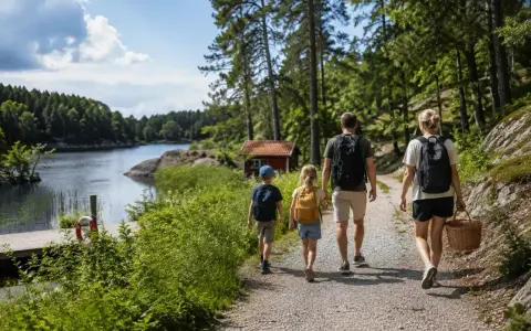Familj på utflykt Stockholm, vandrar längs en sjö med ryggsäckar och picknickkorg.