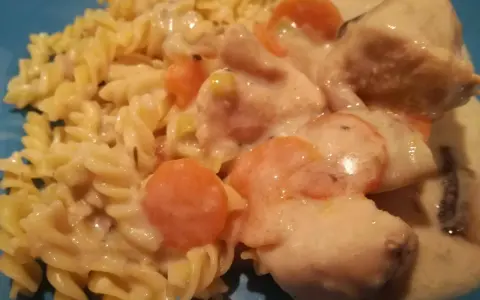 Blanquette de poulet Cookeo on fusilli pasta, with carrots and creamy sauce. A delicious and comforting meal.