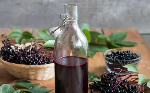 Flasche mit dunklem Saft, daneben Körbchen und Schale mit Holunderbeeren. Achtung: Holunderbeeren giftig!