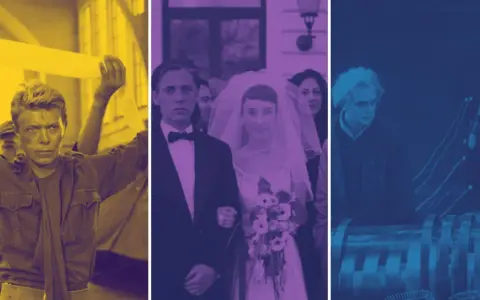Un collage di scene iconiche di film di cultura: David Bowie, un matrimonio e un robot futuristico.