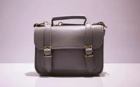 Graue Handtasche mit goldenen Schnallen und Griff. Perfekt, um Ihre wichtigsten Dinge zu handtasche organisieren.