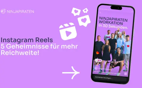 Instagram Reel-Symbol und ein Smartphone mit einer Gruppe von Menschen und Text.