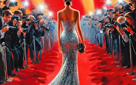Eine Frau in einem glitzernden Kleid schreitet über den roten Teppich, umgeben von Blitzlichtgewittern und Fotografen. Ein glamouröser gala abend.