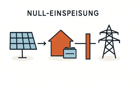 Schema zeigt PV-Anlage, Haus mit Speicher und Strommast. Ziel: PV-Nulleinspeisung, also kein Strom ins Netz.