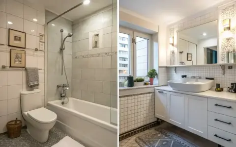 Före och efter-bild på ett badrum. Det nya badrummet har en modern känsla med ett stilrent handfat och vita skåp. Takskivor badrum är en del av den nya designen.