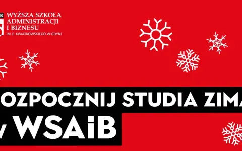 Rozpocznij studia zimą w WSB Gdynia! Białe płatki śniegu i logo uczelni zapraszają na zimową rekrutację.