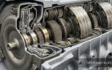 Przekładnia multitronic Audi w przekroju, ukazująca skomplikowany mechanizm kół zębatych i sprzęgła. Klasyka inżynierii.