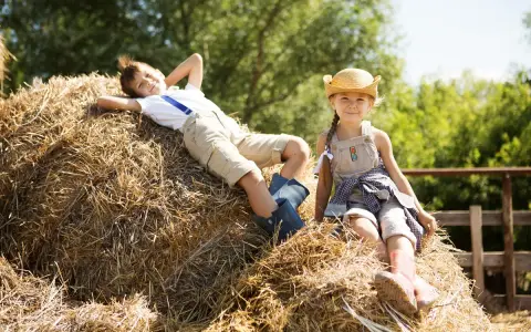 Dzieci odpoczywają na sianie podczas pobytu na agroturystyce ze zwierzętami. Chłopiec leży z rękami za głową, a dziewczynka siedzi w słomkowym kapeluszu.