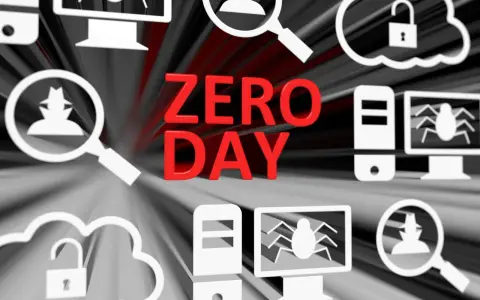 Rote Schriftzüge "ZERO DAY" vor einem Hintergrund mit Cyber-Symbolen wie Lupe, Hacker, Computer und offenes Schloss. Ein zero day exploit ist hier das Thema.