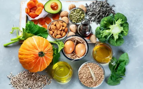 Vielfalt an vitamin e lebensmittel: Kürbis, Avocado, Mandeln, Sonnenblumenkerne, Brokkoli, Spinat, Eier und Öle.