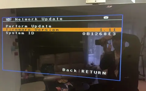 Ekran Network Update. Firmware Version 1.11. System ID 0B1268E3. Yamaha net radio nie działa, próba aktualizacji.
