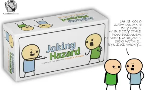 Pudełko gry Joking Hazard. Dwóch bohaterów z gry rozmawia, jeden opowiada żartobliwie o wyborze między Wisłą a Odrą.