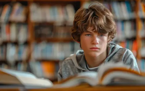 Chłopiec w szarej bluzie siedzi w bibliotece, otoczony książkami. Widać, że ma problemy z koncentracją, jego wzrok jest rozbiegany.