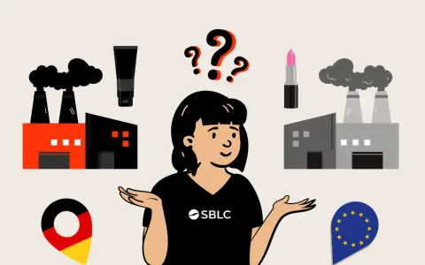 Frau mit Fragezeichen überlegt zwischen Fabriken, Kosmetikprodukten, Deutschland- und EU-Symbolen.