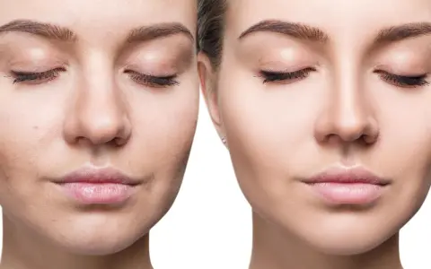 Viso prima e dopo: pelle imperfetta e spenta a sinistra, pelle luminosa e levigata a destra.