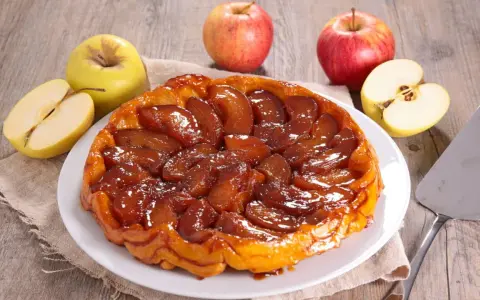 Deliciosa tarta tatin dorada y caramelizada, rodeada de manzanas frescas. Perfecta para compartir.