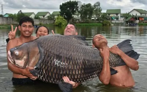 Ein riesiger Karpfen von 280 kg wird von drei glücklichen Anglern im Wasser gehalten.