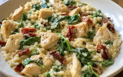 Pyszna pierś z kurczaka z suszonymi pomidorami i szpinakiem w kremowym risotto. Ania gotuje mistrzowsko!