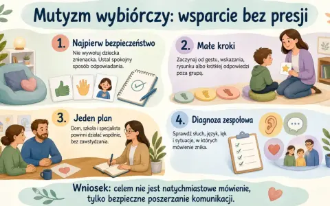 Ilustracja przedstawia cztery kroki wsparcia dla dzieci z mutyzmem wybiórczym: bezpieczeństwo, małe kroki, wspólny plan i diagnoza.