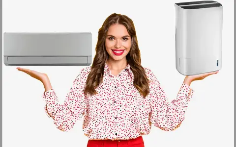 Donna sorridente mostra un condizionatore e un deumidificatore, utile per capire a quanto impostare il deumidificatore in inverno per un comfort ottimale.