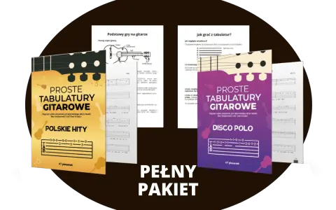 Zestaw materiałów do nauki gry na gitarze, w tym tabulatury z piosenkami o lecie dla dorosłych. Idealny dla początkujących.