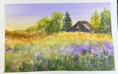 Photo aquarelle d'un paysage champêtre avec un ciel violet, des collines, des arbres et une petite maison.