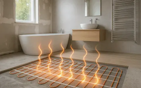 Installation d'un système de chauffage au sol dans une salle de bain moderne. Des tubes orange sont posés sur le béton, prêts à diffuser une chaleur confortable.